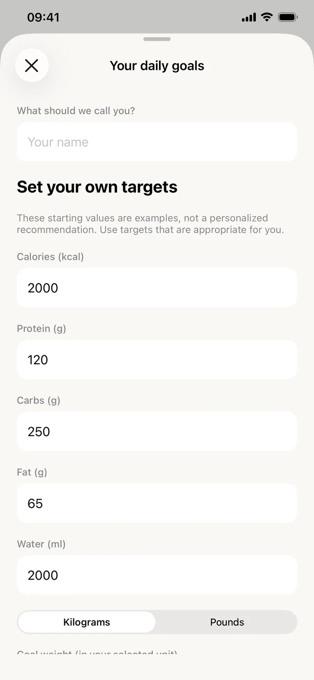 Calorify goals screen with editable daily calorie, protein, carbohydrate, fat, and water targets